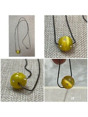 VTG Sterling Silver Yellow Cat’s Eye Round pendant Necklace W/Crystal Accent 28”